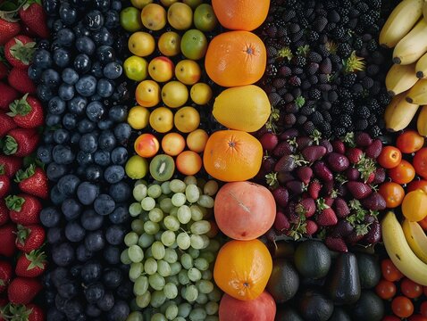 Variedad de frutas frescas dispuestas en filas, incluyendo fresas, uvas, naranjas, pl&aacute;tanos y m&aacute;s

