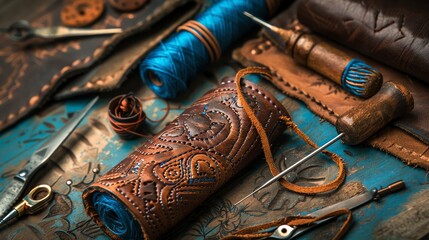 The image is a close-up of a leatherworking tools and materials.