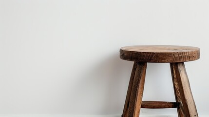 Rustic wooden stool on a white background. The stool has a round seat and three legs. It is made of natural wood and has a brown finish.