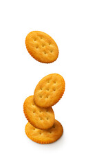 Delicious crackers savoury cookies snack. Floating flying dynamic. Cheese lemon flavour isolated on white background
