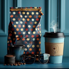 Paper bags with food and cup of coffee on table
