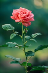 Fototapeta premium Vivid open rose with bright pink stem, green leaves, and blurry background in high-definition 16K image.