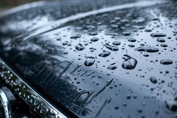 Freshly waxed car, rainwater beading, meticulous wipe-down, glossy finish, water droplets, automotive detailing