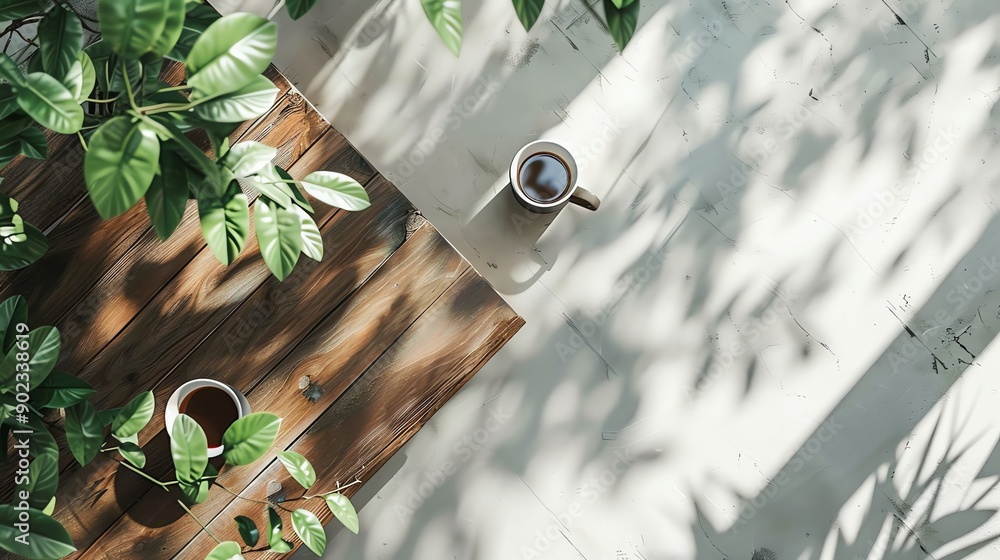 Aufkleber the image is a flat lay of a wooden table with two cups of coffee. the table is in front of a white 