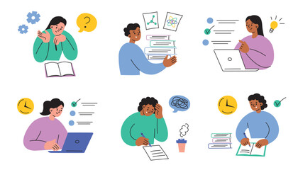 Vector illustrations of students taking tests on computers and writing exams in classrooms. Education compositions, study concept, flat cartoon characters in academic assessments, doodle icons