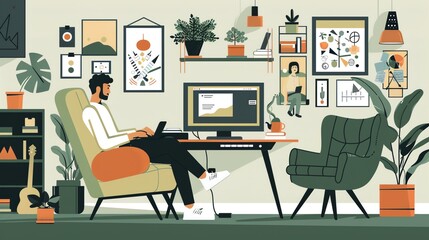 A man sits in a comfortable chair in his home office, working on his computer. He is surrounded by plants, artwork, and other personal items.