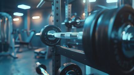 Fototapeta premium A close-up of a barbell resting on a rack in a gym. The gym is dimly lit with blue light. There are other exercise machines in the background.