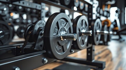 Fototapeta premium A close-up image of a dumbbell resting on a rack in a gym. The dumbbell is made of black rubber and has a silver metal handle.