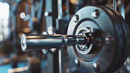 Close-up of a barbell with weight plates in a gym. The barbell is made of metal and has a knurled grip.