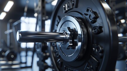 A close-up of a barbell with weight plates on it. The barbell is resting on the floor of a gym. The gym is empty, with no people in it.