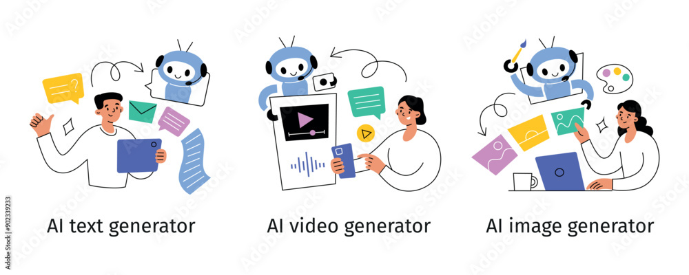 Poster set of vector illustrations with people using generative artificial intelligence tools. ai text gene