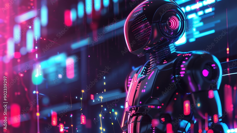 Aufkleber a dark colored robot stands in a colorful and bright digital space. the robot is wearing a helmet an