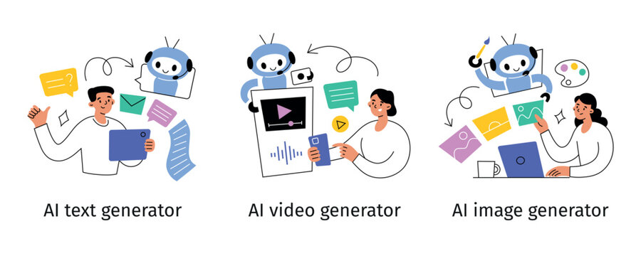Set of vector illustrations with people using generative artificial intelligence tools. AI text generator, generating video with robot, computer making images. Flat cartoon style, human interaction