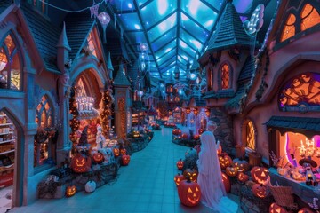 Fototapeta premium Fantastical indoor market filled with an array of colorful pumpkins, gourds, and Halloween decorations under a vibrant blue and purple light with whimsical elements.