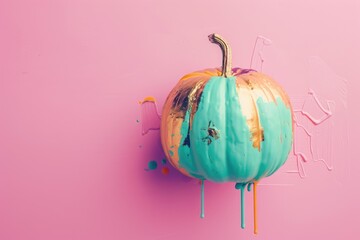 Colorful pumpkin splattered with vibrant paint against a pink background, merging Halloween with artistic creativity.