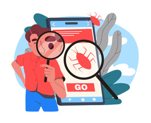 Man with virus in phone. Young guy with magnifying glass looks at smartphone screen. File threat at gadget or device. Safety and security of data, antivirus. Flat vector illustration