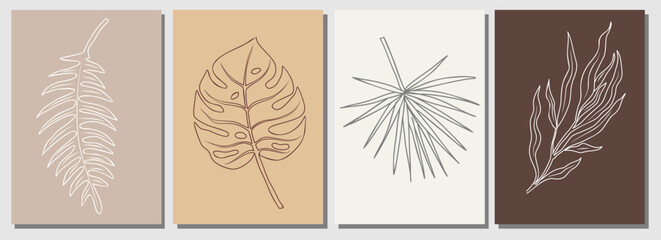 Abstract Tropical leaves Line Drawing Print Set. Botanical Posters. Modern Line Art, Aesthetic Contour. Perfect for Home Decor, Wall Art, tattoo, logo, jewelry design. Vector art illustrations.