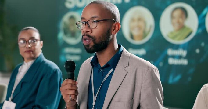 Stage, expert and speaker of science, talking and man with answer of research of climate change in world. Summit, eco friendly and public speaking of scientist, mic and speech for sustainability