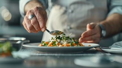 A hand places a silver dome over a plate of gourmet cuisine.