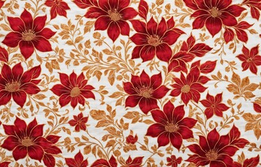Abstrack Background of Malaysian or Indonesian batik fabric concept, floral patterns in shades of red and gold, traditional hand-drawn batik style