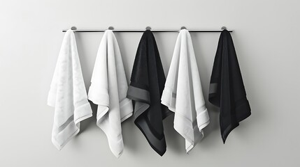  showing white, black, and grey cotton terry towels neatly hung on a sleek chrome rail against a plain white wall, emphasizing simplicity and cleanliness in design.