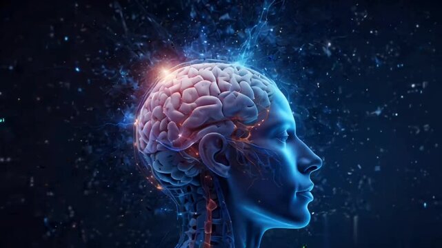 digital rendering of a human brain illuminated with glowing neural connections