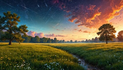 Obraz premium Magical Sunset Over Field with Stream and Shooting Stars.