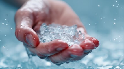 Fototapeta premium A close-up of a hand holding ice, with water droplets surrounding it, showcasing freshness and coolness in summer or chilly drinks.