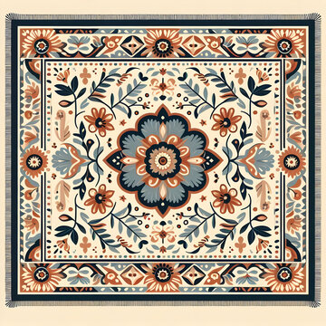 A colorful rug with flowers and leaves on it