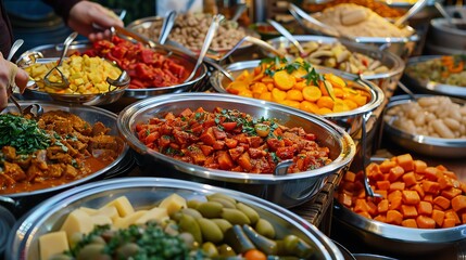 A variety of delicious and healthy food is displayed at a buffet.