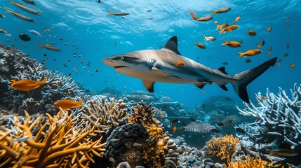 The image is of a shark swimming over a coral reef.