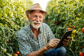 Innovative senior farmer checking on tomato quality on his tablet while smiling at camera at...