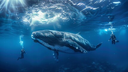 Naklejka premium Two scuba divers swim near a large blue whale in the ocean. The whale is swimming slowly and appears to be curious about the divers.