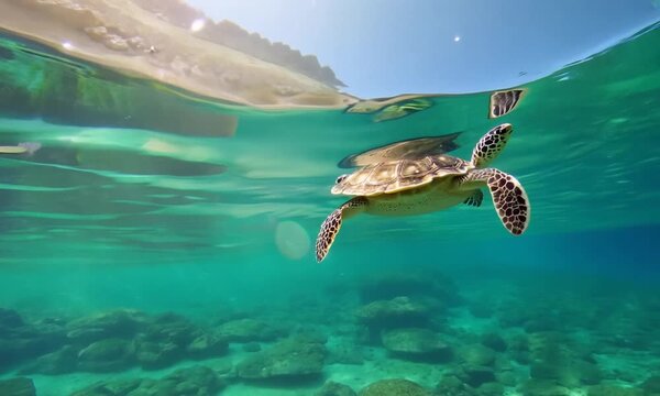 A sea turtle is swimming underwater, with a coastal beach view, 4k background 4k video