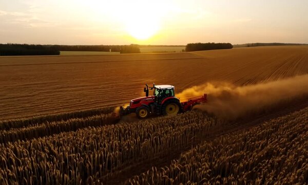 Tractor Driving Through Golden Field at Sunset. A red tractor drives through a field of golden wheat at sunset, leaving a trail of dust behind it. Generated with 4k video