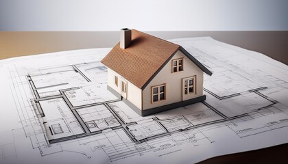 3d small house model on architecture floorplan created with Generative AI
