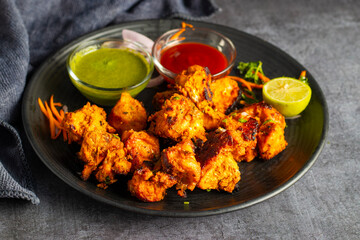 Deliciously Spiced Chicken Tikka Kabab, A Flavourful Grilled Delight with Tangy Marinade and Smoky Charcoal Aroma Serve with Mint and Tomato Chutney. Selective focus. 