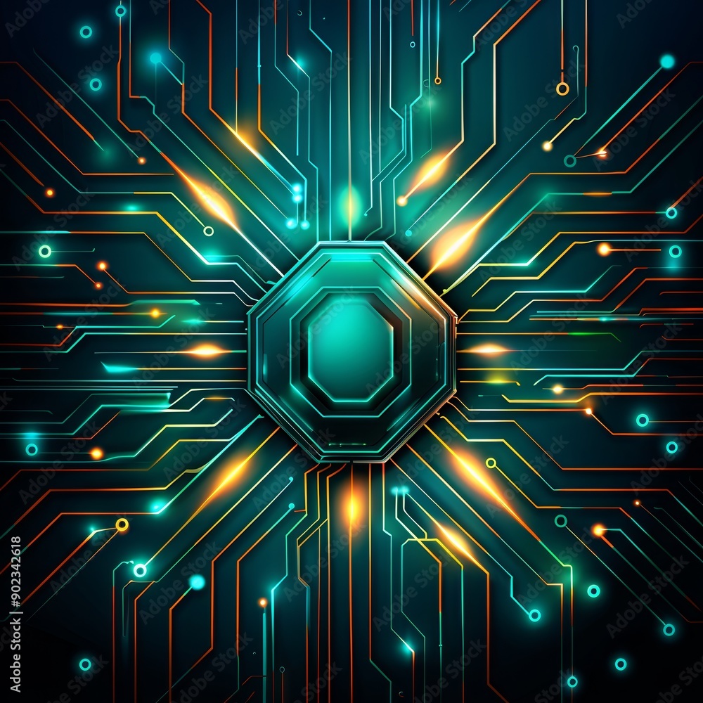 Poster futuristic circuit board with glowing connections and microchip at the center, representing advanced