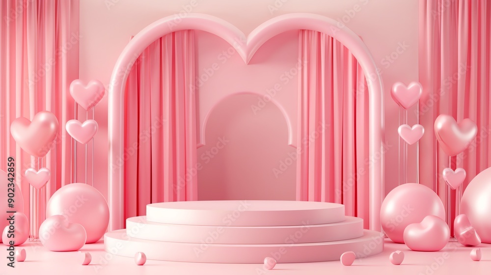 Poster this is a 3d rendering of a pink podium with a heart-shaped archway in the background.