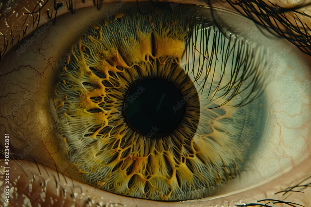Poster close up of a green eye with bokeh lights highlighting the fusion of human vision and advanced digit