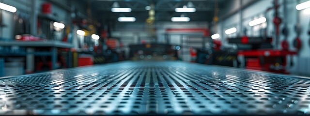 Metal empty table, blurred background with workshop.