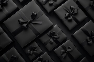 Black Friday background with gift boxes with black ribbons on black background.