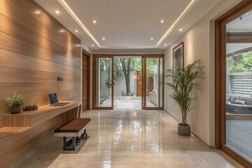 Wooden modern entrance hallway house with decorative staffs, Luxurious living room concept interior.