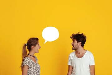Cheerful young couple with speech bubble on yellow background. Communication concept