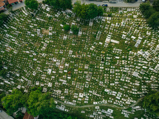 Aerial view of cemetery in Sarajevo city at sunset in Bosnia and Herzegovina