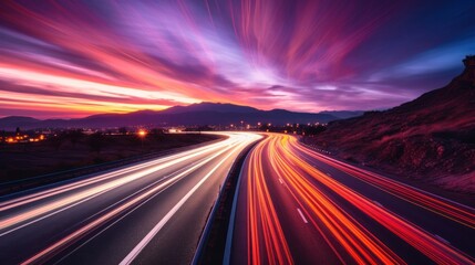A long-exposure shot of a busy highway at dusk with light trails from vehicles forming a stunning contrast against the purple and orange hues of the setting sun