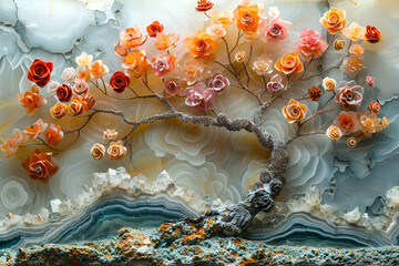 A beautiful flower tree crafted from a mix of rocks and flowers, showcasing a harmonious blend of elements.