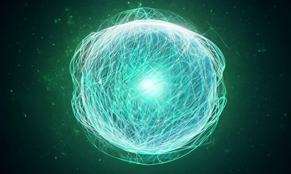 Seamless loop background with abstract blue energy sphere made of liquid strings with green glow effect. Shiny molecule orb with soft light and floating transparent waves inside. 60fps . 4k video
