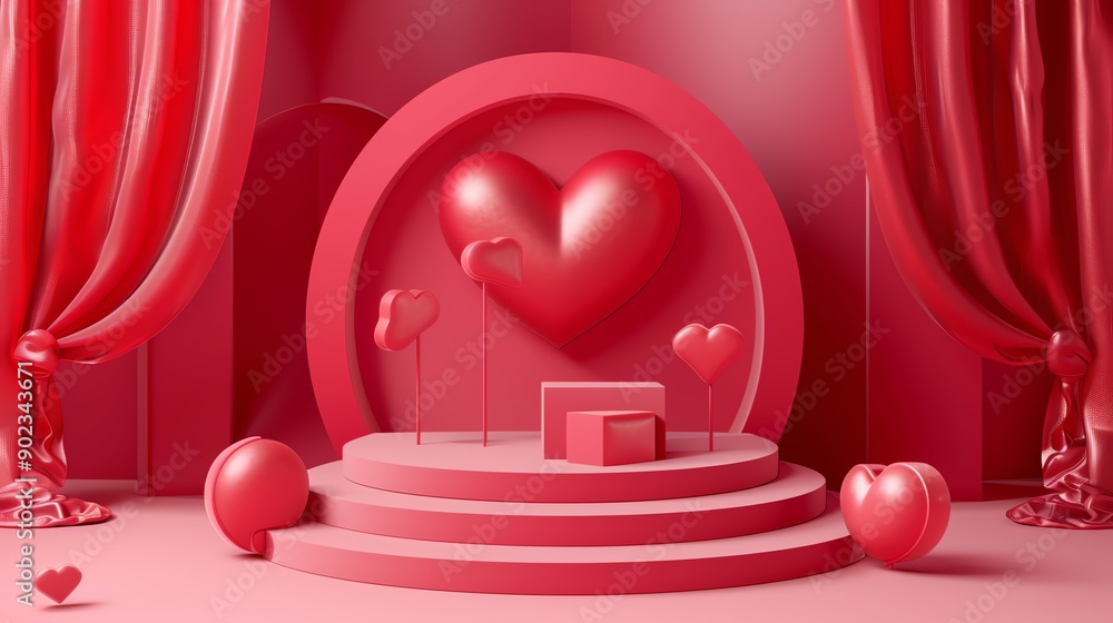Poster this is a 3d rendering of a pink heart-shaped stage with a red curtain in the background.