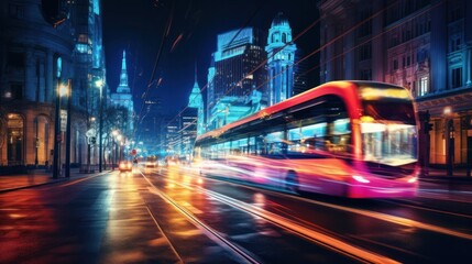 Fototapeta premium A vibrant city street at night with colorful light trails from passing cars and buses creating dynamic patterns against a backdrop of illuminated buildings and streetlights